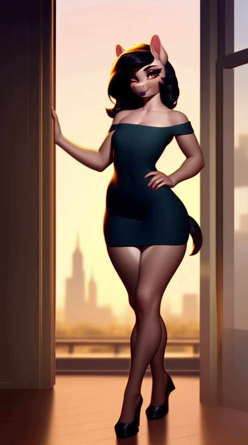 (score_9), (source_ derpibooru_p_95), (earth pony), ((anthro oc pony :1.1)), (shoulderless dress), a beautiful sexy old woman in a hotel room, solo, realistic long black hair, bangs, anatomically correct, very flat chest, curvy figure, high res, pink bottom lip, extremely detailed, mature, absolutely stunning, freckles, old, thin legs,