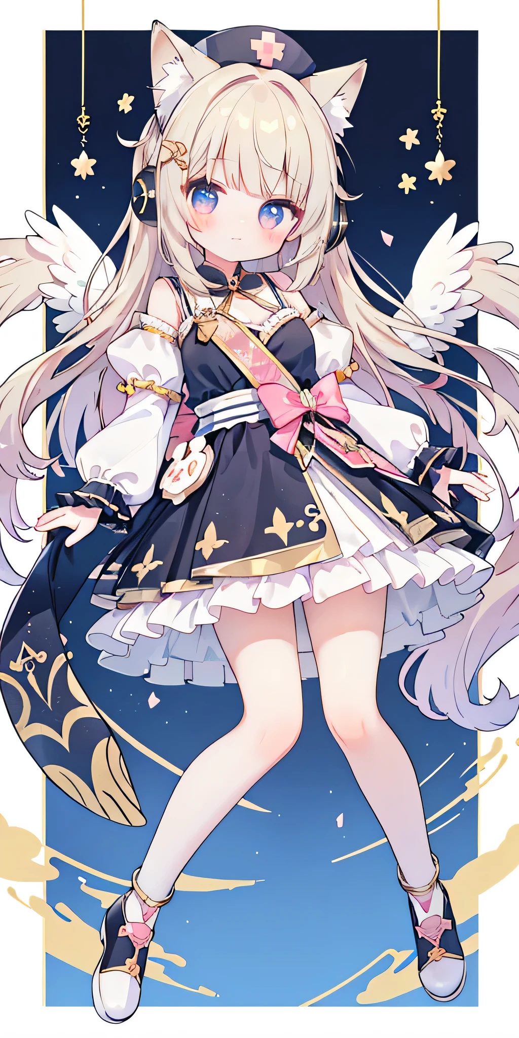 Whole BodyEsbian、Standing picture,full-body shot,a girl,((Angel服装,Angel权杖)),(Angel,With a crown on his head),Maruko hair,golden eyes,(Wear sneakers),(There are a pair of small wings on the shoes,There is a pair of small wings on the head,There is a pair of large wings behind him,There is a gem mark on the forehead,There is a big bow on the chest,with headphones,Wearing a gold hairpin on her head,With golden feathers on the head,There are many ornaments hanging on the body,Carrying a big sword behind his back,Cupid's arrow in hand),jewelry,Take a photo pose,Double tail,shy,blush,Hot,Mid-Autumn Festival,Shooting star background,Heaven,masterpiece,Top image quality,top quality,off shoulder strap ta,There is a big gem on the chest,super long hair,fox ears,white hair,(white or black pantyhose)、exquisite eyes、beautiful girl、Plump cheeks、cute dress、puffy sleeves、Ruffled skirt、pink ribbons、kawaii、lolick leg rings,with headphones,Wear a nurse's hat,Lift one foot up,black cat,Bald Eagle,black and white musical notes,cute big breasts,