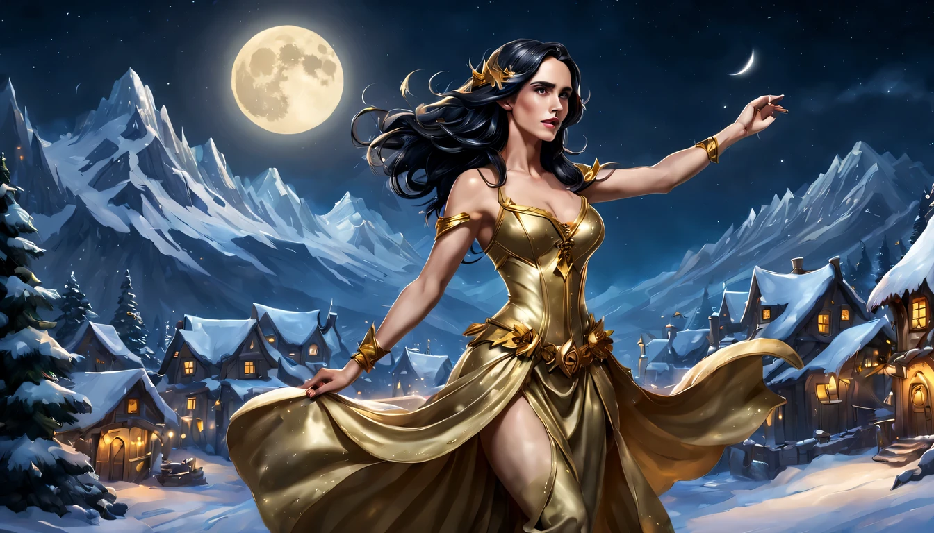 Graceful and fluttering nymph, "Jennifer Connelly com vestido dourado longo", caminhando a noite, and with a night sky with moon over snowy mountains, Arte conceitual de inverno, blizzard Arte conceitual de Hearthstone, arte de fundo, arte conceitual estilizada, Fundo da cidade, a bustling magical town, fundo da aldeia nightime, Arte conceitual de Hearthstone, fantasy city setting, arte do jogo de cartas de hearthstone. ”, Noite de Natal de inverno nevada, cidade medieval de fantasia, magical village, Fundo do centro da cidade
