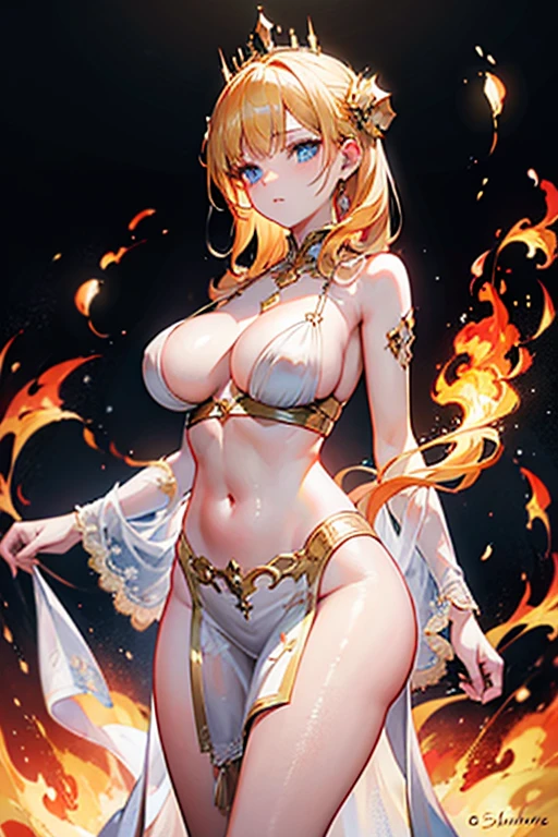 young woman, perfect body, shinny blueeyes, perfect boobs, perfect thighs, fire crown, long golden blonde curvy hair, transparent long white dress, lingerie, exposed belly, exposed thighs, red and gold mixture cloths, highly detailed enchanted cloths, standing and starring, head to mid thigh:4.5 photo, eye level camera angle, dark lighting, fire radiation, flames background, detailed background, fantasy art, hyper realistic,
