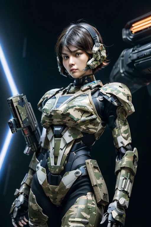 extremely detailed CG unity 32K wallpaper, top quality, masterpiece, raw photo, photorealistic, highest resolution, professional photo, dynamic, cinematic lighting, (cyberpunk:1.4), science fiction, sharp focus, depth of field, (perfect body, correct anatomy:1.5), intricately detailed face, expressive face, POV, (from front:1.3), 1 girl, Japanese woman, ((female soldier:1.3)), mecha-musume, ((solo:1.2)), (cowboy shot:1.2), black hair, very short hair, short hair, ultra-realistic skin, detailed skin, tan, (dark and bright eyes:1.4), highly detailed nose and lips, (tall nose:1.3), expressive face, expressionless, ((camouflaged, combat uniform:1.3)), skinny, tall, medium breast, (perfect body proportion:1.5), (correct body proportion:1.3), ((powered suit, mechanical body armor, highly weaponized body:1.5)), (((jetpack is mounted on the back of powered suit:1.3))), in combat with hostile army, (((flying:1.4))), (((holding a blaster rifle, aiming at enemy position:1.5))), (((outdoor, battlefield, rainforest of Africa, noon:1.3)))