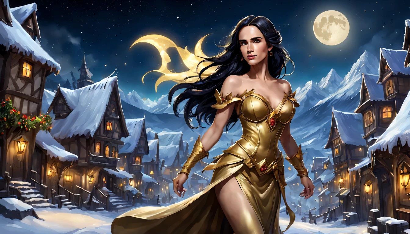 Graceful and fluttering nymph, "Jennifer Connelly com vestido dourado longo", caminhando a noite, and with a night sky with moon over snowy mountains, Arte conceitual de inverno, blizzard Arte conceitual de Hearthstone, arte de fundo, arte conceitual estilizada, Fundo da cidade, a bustling magical town, fundo da aldeia nightime, Arte conceitual de Hearthstone, fantasy city setting, arte do jogo de cartas de hearthstone. ”, Noite de Natal de inverno nevada, cidade medieval de fantasia, magical village, Fundo do centro da cidade
