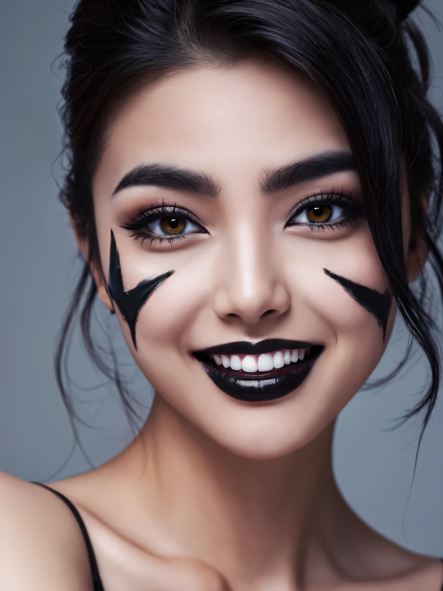 Best quality, masterpiece, ultra high res, photorealistic, raw photo, unity 8k wallpaper,(black lips:1.3),(black eyeshadow:1.3),parted lips,,(evil smile:1.1)