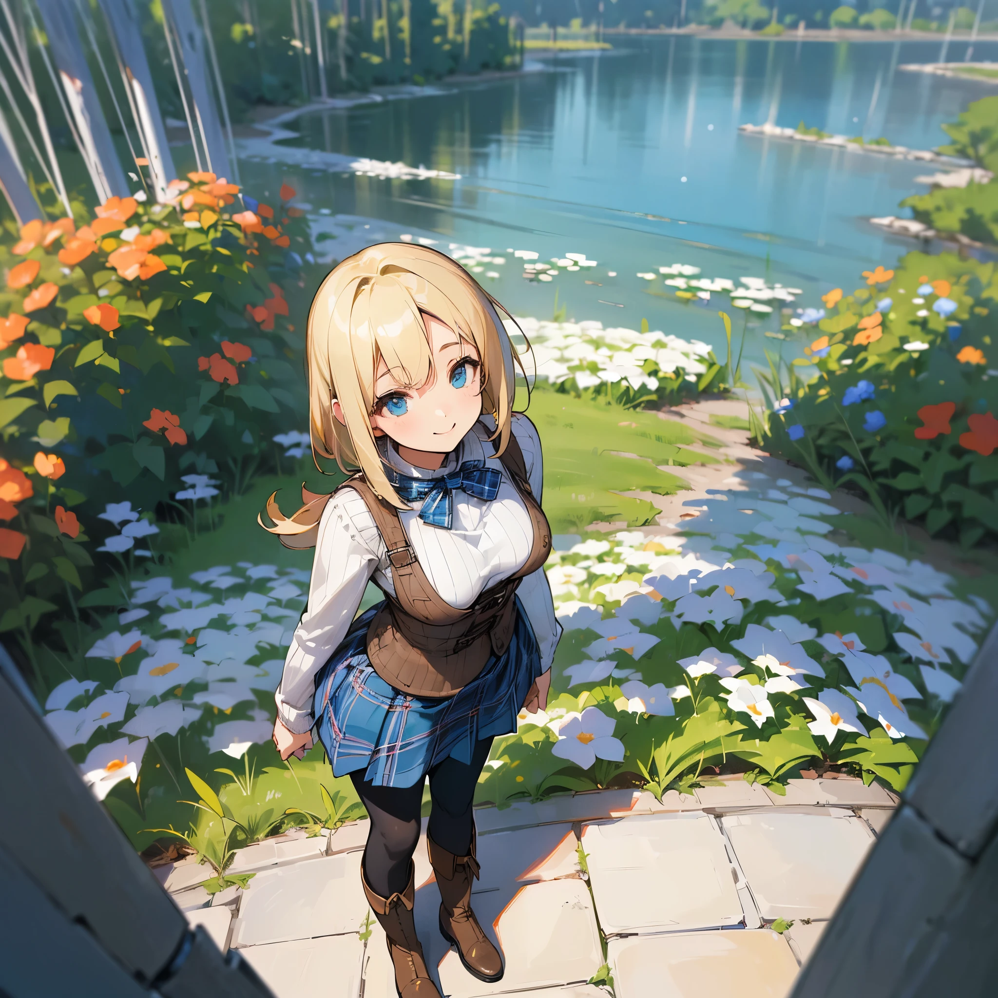 (high quality, high resolution, Super detailed, Reality:1.37), peaceful atmosphere, (outdoor, garden), girl standing alone, (My breasts are big.), Beautiful detailed features, cute smile, (blonde bob hair), ribbed sweater, blue plaid skirt, Black tights, brown boots.