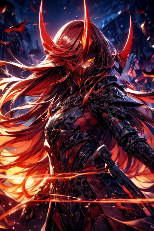 Perfect masterpiece, (Masterpiece:1.2), Best quality, high resolution, Beautiful detailed, Extremely detailed, Perfect lighting, high quality, high resolution, highest image quality, 8k hd.
1 fellow.
blood red and blue hair, Faceless, yellow eyes, glowing eyes, demon horns, long horns.
Elegant.
dark blue uniform, battle armor, Energy lines, masks.
Sunrise, flames on the background.
Dramatic lighting.
Highly detailed background.