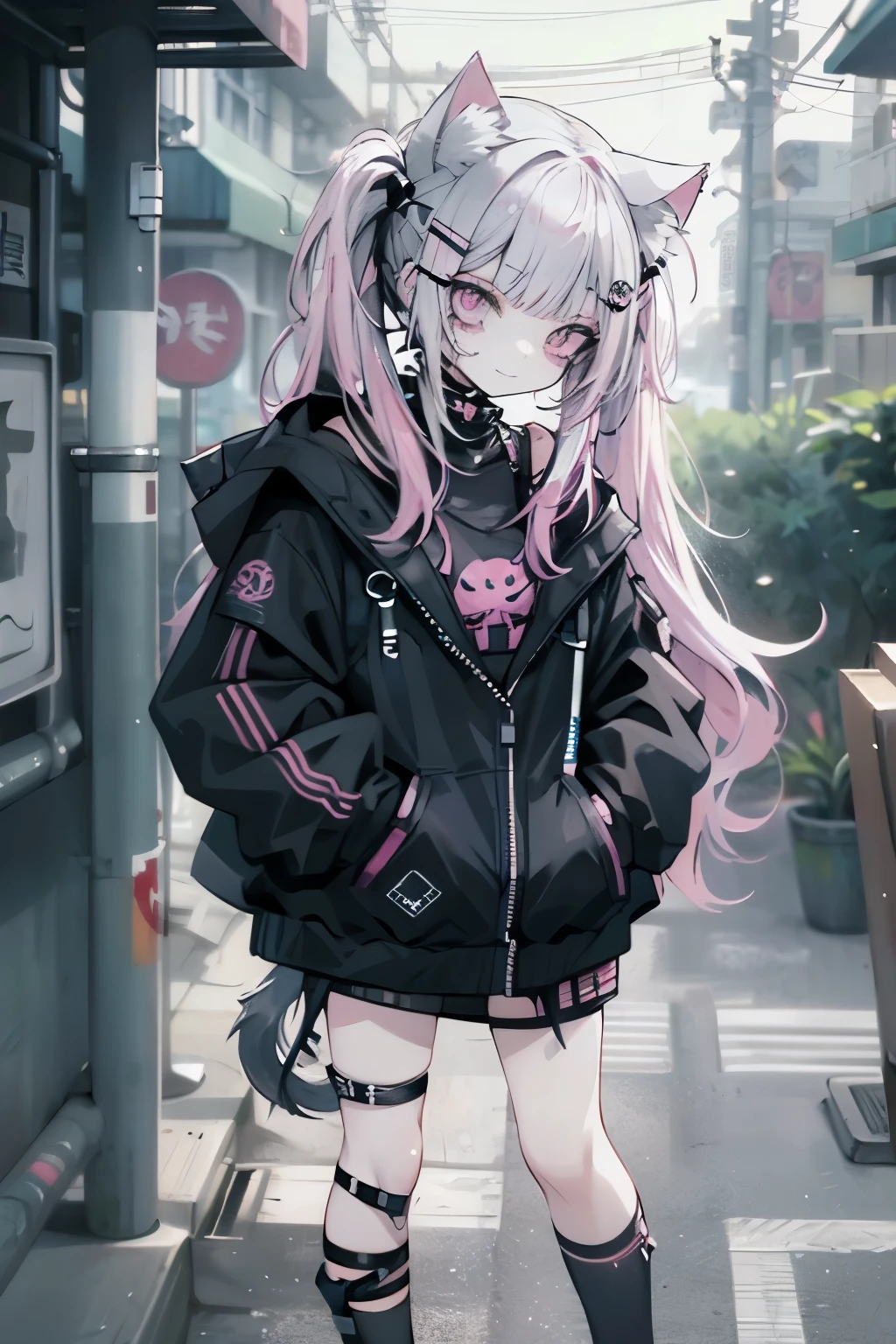 Beautiful woman pink twin tail long hair、cyberpunk style short clothes、Putting on cat ears、gazing at viewer、front facing、A slight smil、sea side、Palm trees