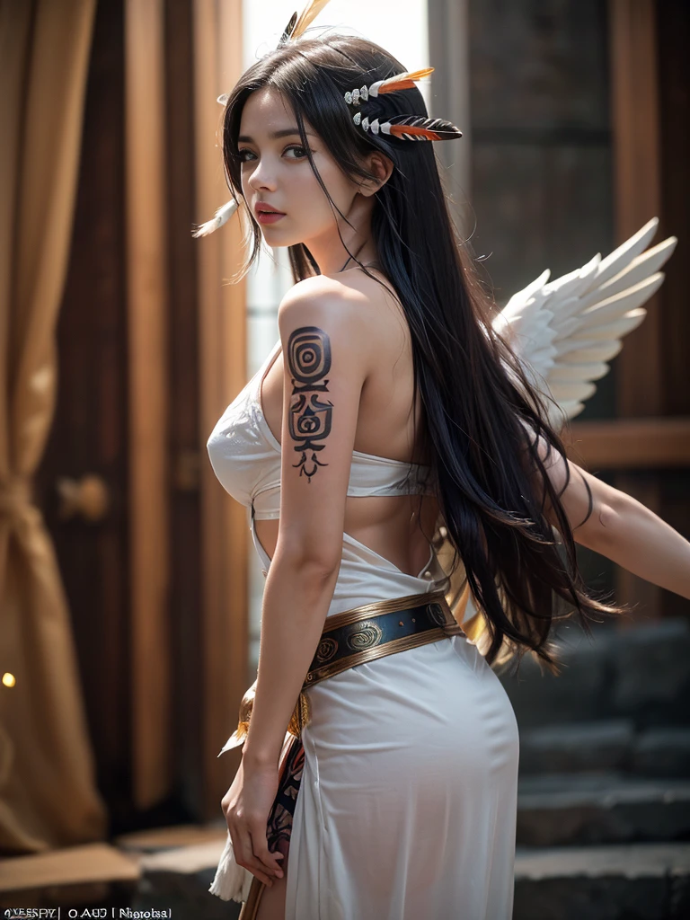 ((FOTOGRAFIA REALISTA)) (8k, Foto RAW, melhor qualidade, senhor:1.2), (Realistic, photo-Realistic:2), SEIOS FARTOS, SEIOS GRANDE, PEITO GRANDE, SEIOS QUENTES, ((ULTRA HIGH DEFINITION)), ((QUALIDADE 4K)), ((MUITO DETALHADO)), ((TEXTURA SONY a7s)), do anime com cabelo branco e asas segurando uma espada, inka harpia girl, as a mystical valkyrie, harpia woman, nordic goddess, harpia, mystical valkyrie, Haibane Renmei, epic anime style, garota anjo cavaleiro, young harpia-girl, ((vestimenta de couro)), ((Indigenous style)), ((ROSTO ANGELICAL PERFEITO)), ((TATUAGENS NAS BOCHECHAS)), ((EATOS)), ((energy flares))