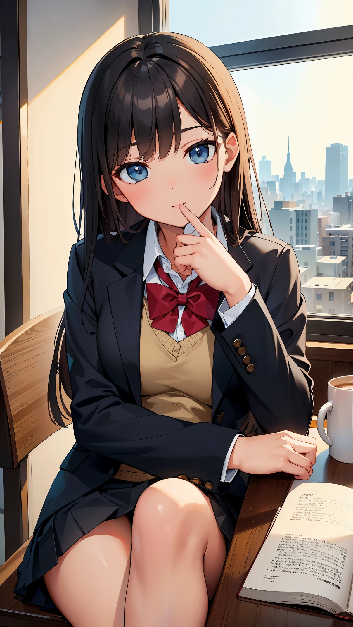 (8K, RAW photo, highest quality, masterpiece: 1.2), High-definition RAW color photo, professional photography, cinematic light, alone, (((young woman, gal))), High school girl drinking coffee at a cafe, (school uniform, collared shirt, blazer, long sleeve, pleated skirt), (Portrait), (Detailed facial features), (casually sitting with legs crossed), (comfortable, sipping coffee from a mug), (((There is a book on the table))), (soft background music), (the smell of freshly brewed coffee), artistic bokeh, Sunlight from the window, Beautiful city view outside the cafe, peaceful atmosphere, highest quality, High resolution, masterpiece:1.2, Super detailed, real:1.37, HDR, (realism:1.37), (High resolution), (Bright colors彩), (studio lighting),(bright atmosphere), professional, Bright colors, Subtle warm tones, soft natural light