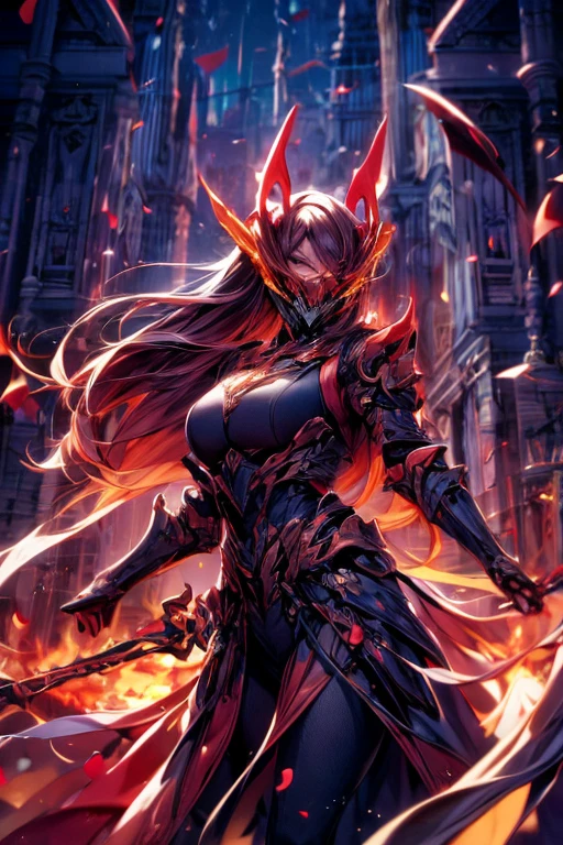 Perfect masterpiece, (Masterpiece:1.2), Best quality, high resolution, Beautiful detailed, Extremely detailed, Perfect lighting, high quality, high resolution, highest image quality, 8k hd. 
1 fellow. 
blood red and blue hair, Faceless, yellow eyes, glowing eyes, demon horns, long horns. 
Elegant. 
dark blue uniform, battle armor, Energy lines, masks.
Sunrise, flames on the background. 
Dramatic lighting.
Highly detailed background.
