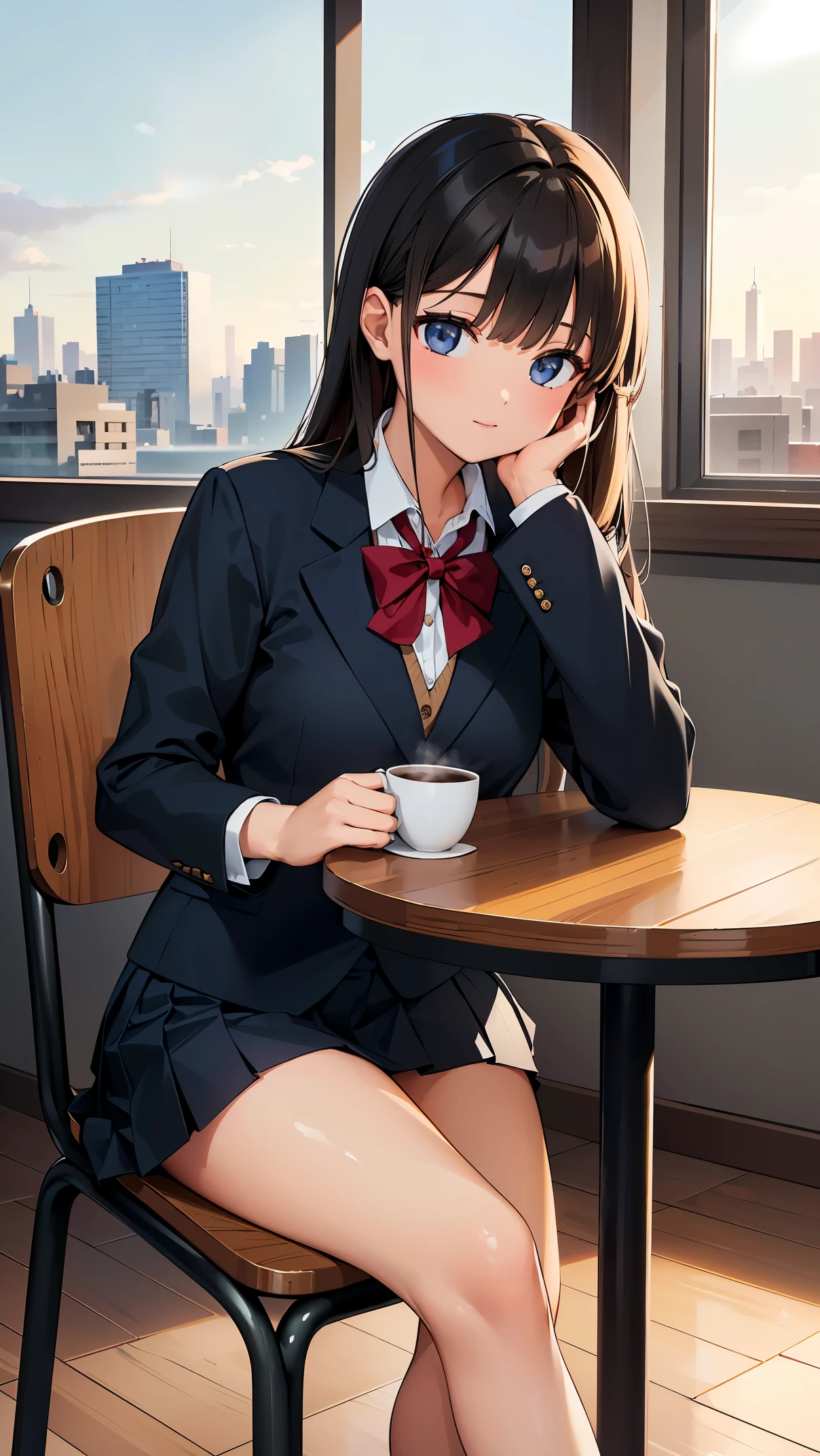 (8K, RAW photo, highest quality, masterpiece: 1.2), High-definition RAW color photo, professional photography, cinematic light, alone, (((young woman, gal))), High school girl drinking coffee at a cafe, (school uniform, collared shirt, blazer, long sleeve, pleated skirt), (Portrait), (Detailed facial features), (casually sitting with legs crossed), (comfortable, sipping coffee from a mug), (((There is a book on the table))), (soft background music), (the smell of freshly brewed coffee), artistic bokeh, Sunlight from the window, Beautiful city view outside the cafe, peaceful atmosphere, highest quality, High resolution, masterpiece:1.2, Super detailed, real:1.37, HDR, (realism:1.37), (High resolution), (Bright colors彩), (studio lighting),(bright atmosphere), professional, Bright colors, Subtle warm tones, soft natural light