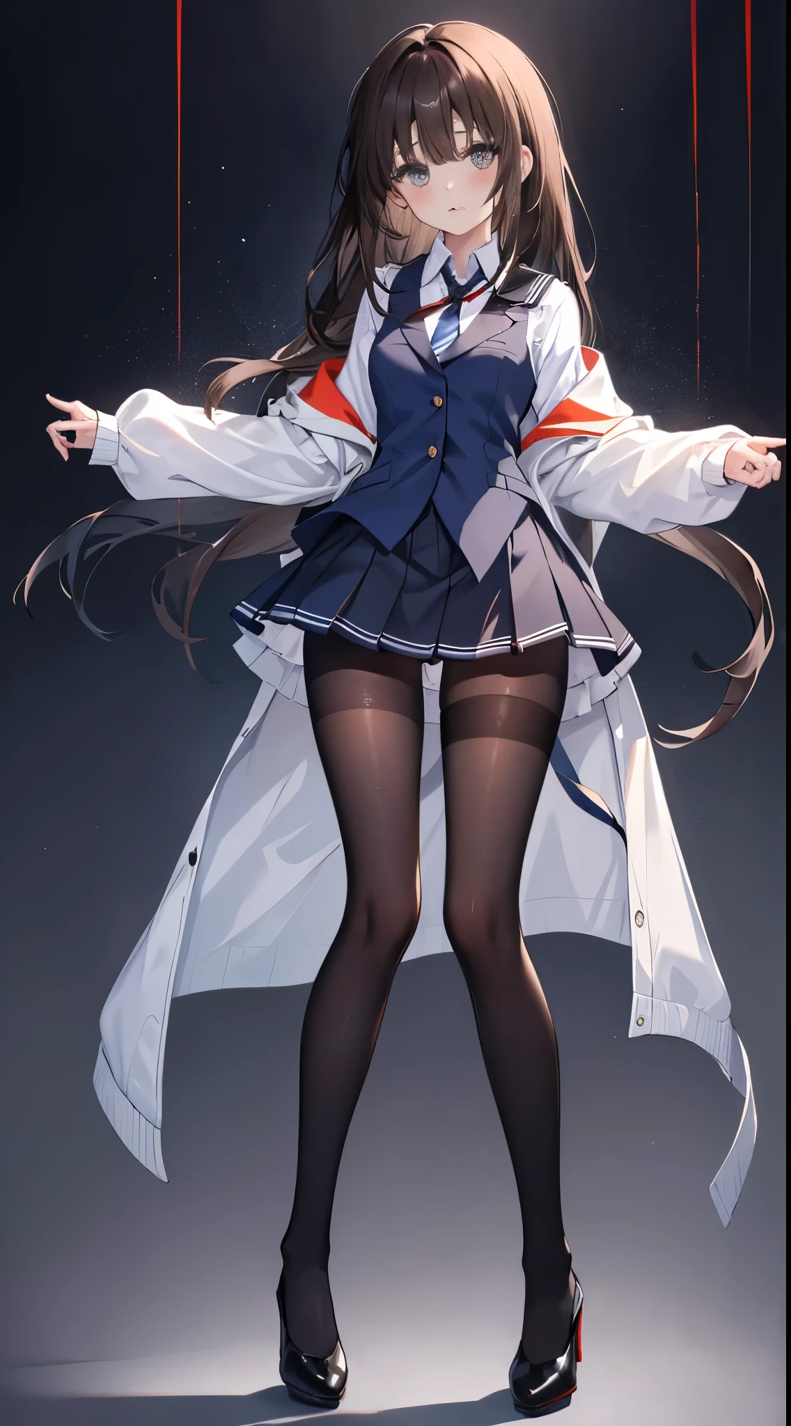 finest, masterpiece, High resolution, (Full body view from head to toe), front, frontやや下からの構図, Symmetrical, 18 year old girl, alone, (whole body from head to toe), small breasts, brown hair, slightly messy hair, long hair, bangs, (black tights), ( (black pantyhose), black pantyhose, (bondage), (spread legs), (tie one's hands behind one's back), (Her legs are spread and her white panties are visible between her legs.), composition show me your white panties, slender beautiful legs, とても美しい18 year old girl, (navy high heels), blush, shy big eyes, messy hair, looking at camera, show me your white panties, Hide your arms behind your back, dark blue office lady uniform, Dark blue pencil skirt, navy blue vest, beige cardigan