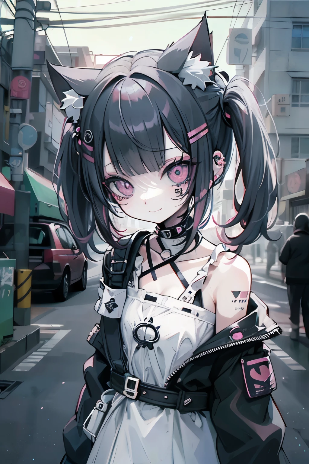 A creative animated illustration of a girl in Menhera style, with a dark and kawaii touch. She wears a with medical details like bandages and patches, and is surrounded by elements that mix tenderness with the disturbing., like torn stuffed animals and pastel colored syringes.