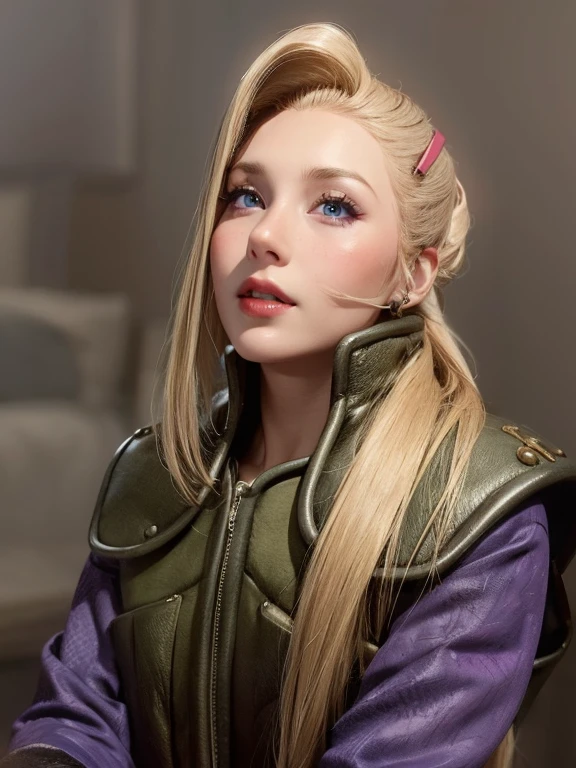 young woman, long blonde hair, side bangs, white skin, blue eyes, pig nose, red lips, violet clothes, Ino, realistic, 3d