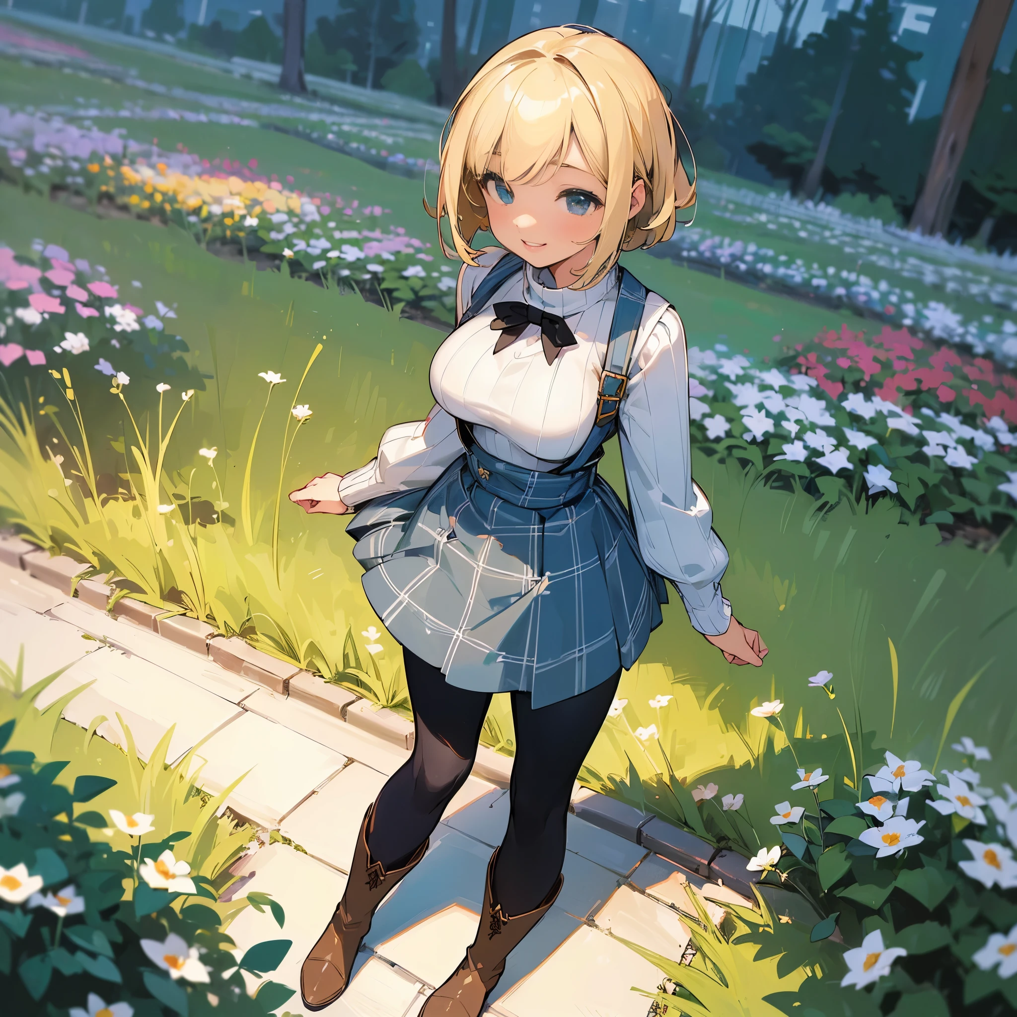 (high quality, high resolution, Super detailed, Reality:1.37), peaceful atmosphere, (outdoor, garden), Teenage girl standing alone, (My breasts are big.), Beautiful detailed features, cute smile, (blonde bob hair), ribbed sweater, blue plaid skirt, Black tights, brown boots.