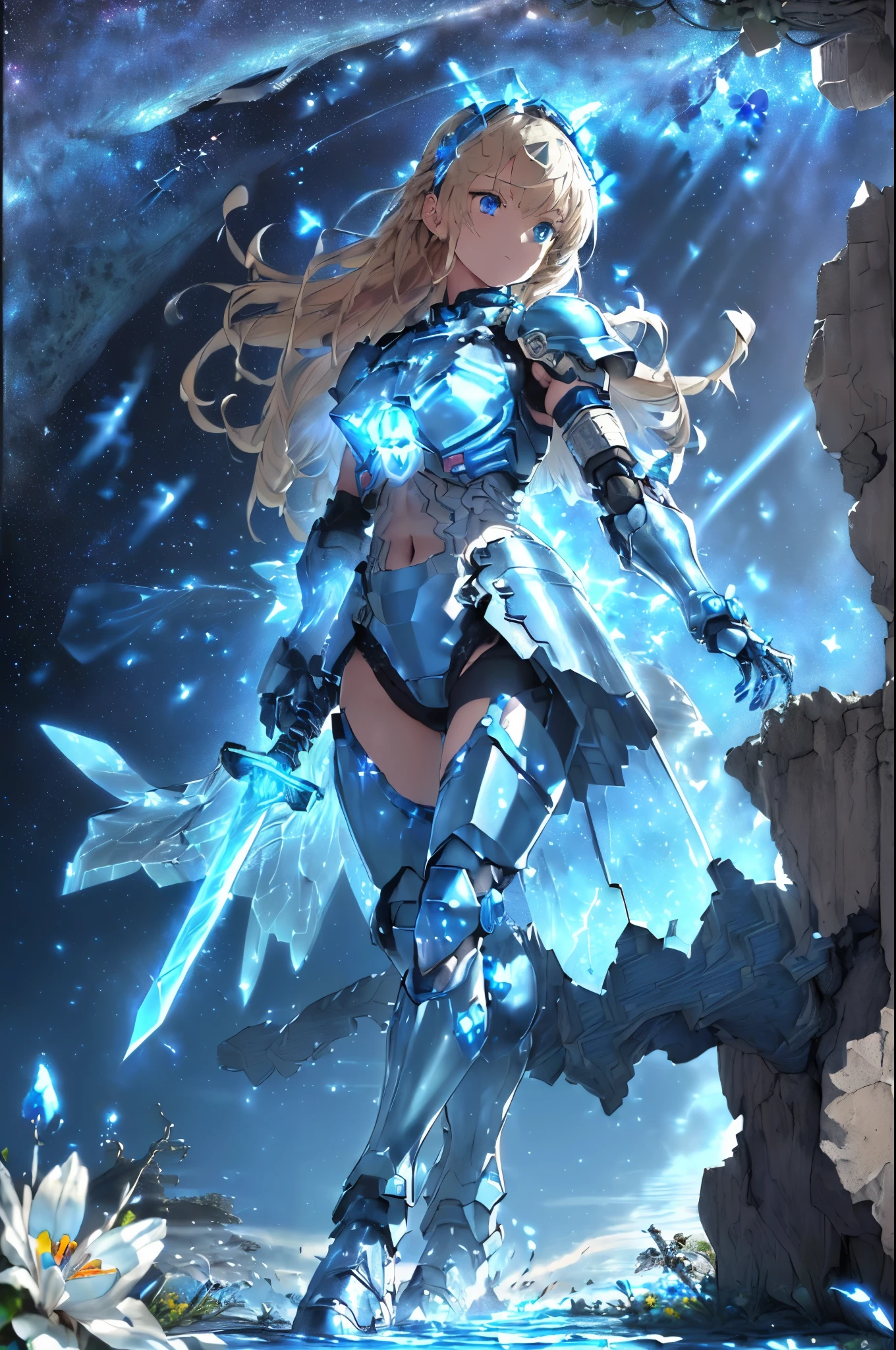 (Blue sky with lots of scaly clouds),(Armored suit that reflects light and shines in rainbow colors:1.3),(Gigant Arm:1.35),(A brace that stores a rugged weapon in the leg.:1.4),(Composition that reflects the whole body:1.5),(Petals dancing like the wind blows up:1.4),(Dancing gracefully on the water surface:1.3),(beautiful armored suit:1.35),(beautiful hair waving in the wind:1.3),(blonde:1.3),(Transparent clear blue eyes:1.4),(high resolution:1.5),(Stars, flowers, blue sky and space:1.4),(fantastic world:1.4),(Rugged armor like a mobile suit:1.4),(beautiful decorated sword:1.4),(machine legs:1.35),(Drive coil at joint part:1.4),(perspective from above:1.3),(woman:1.4),
