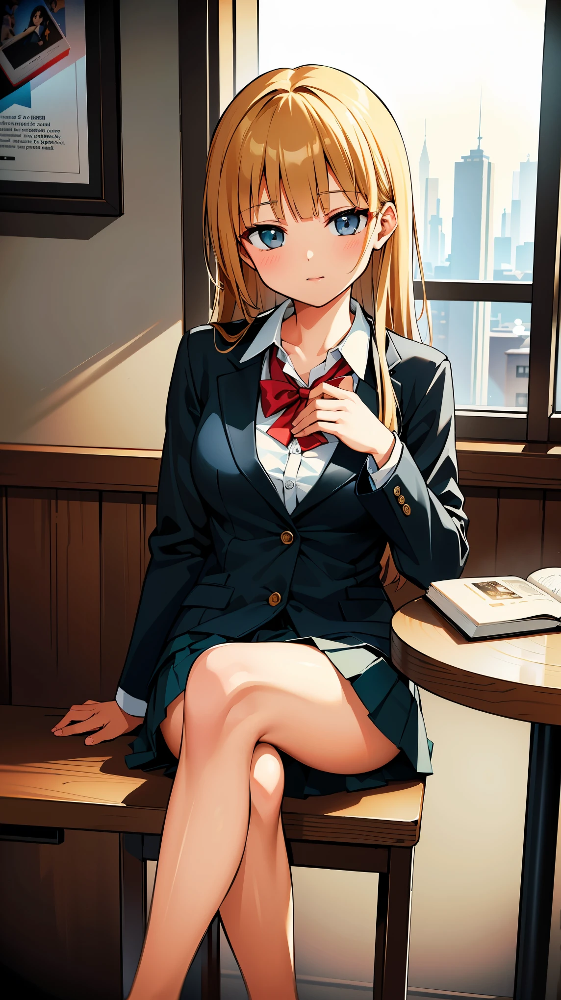 ((Correct Anatomy)),(Female student),((school uniform)),((Sailor suit)),((Lace panties)),(Mini Pleated Skirt),(((Black Pantyhose)),((squat)),Ultra-high resolution,Mature Woman, Mature Woman, Very detailed,Perfect hands, Detailed fingers, Beautiful details, ((Long blonde hair)),((ponytail)),loafers,Earrings,Embarrassing,Perfect Eyes, Captivating eyes,classroom