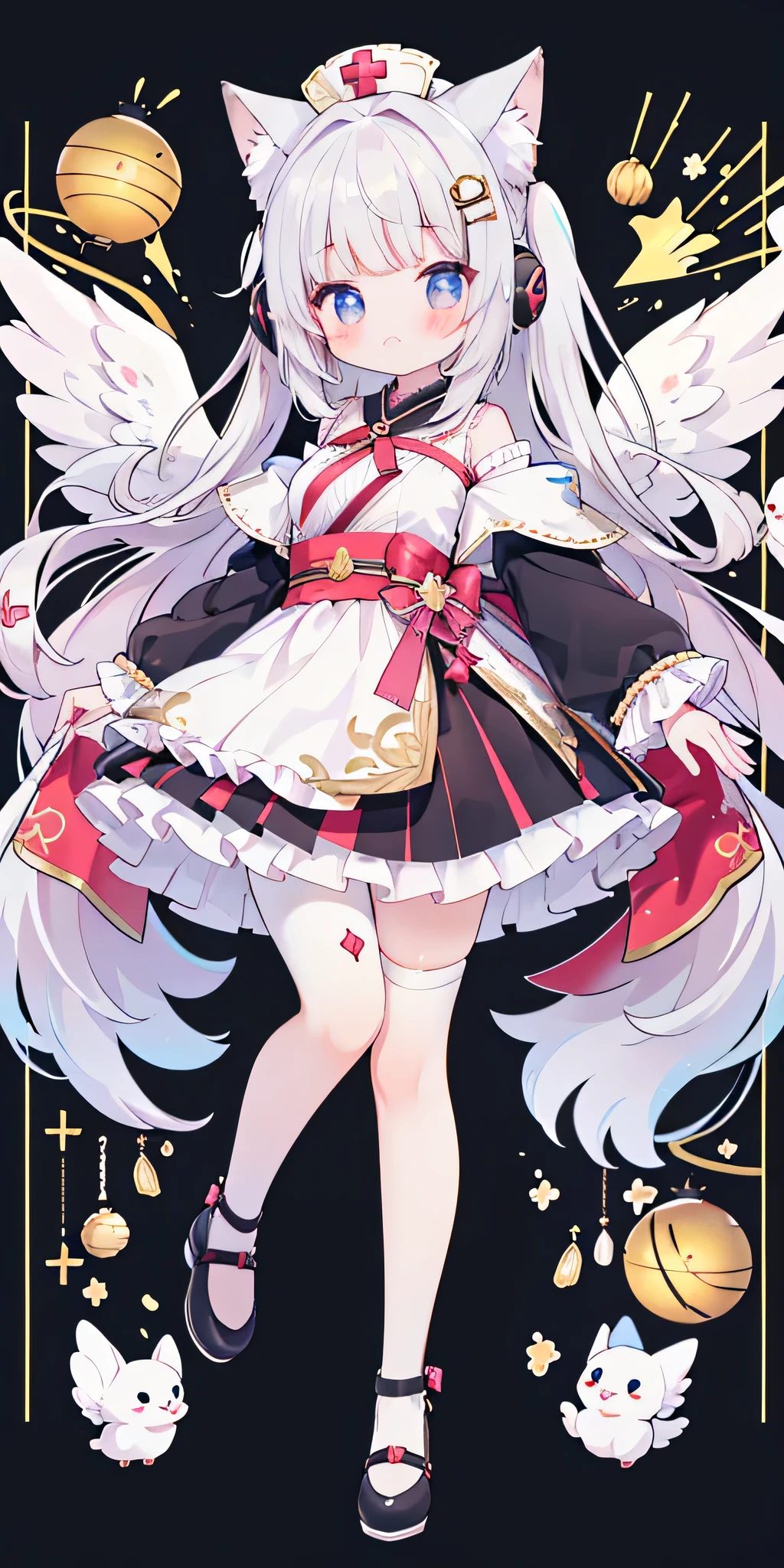 Whole BodyEsbian、Standing picture,full-body shot,a girl,((Angel服装,Angel权杖)),(Angel,With a crown on his head),Maruko hair,golden eyes,(Wear sneakers),(There are a pair of small wings on the shoes,There is a pair of small wings on the head,There is a pair of large wings behind him,There is a gem mark on the forehead,There is a big bow on the chest,with headphones,Wearing a gold hairpin on her head,With golden feathers on the head,There are many ornaments hanging on the body,Carrying a big sword behind his back,Cupid's arrow in hand),jewelry,Take a photo pose,Double tail,shy,blush,Hot,Mid-Autumn Festival,Shooting star background,Heaven,masterpiece,Top image quality,top quality,off shoulder strap ta,There is a big gem on the chest,super long hair,fox ears,white hair,(white or black pantyhose)、exquisite eyes、beautiful girl、Plump cheeks、cute dress、puffy sleeves、Ruffled skirt、pink ribbons、kawaii、lolick leg rings,with headphones,Wear a nurse's hat,Lift one foot up,black cat,Bald Eagle,black and white musical notes,cute big breasts,(((((Adhesive bandage)))))