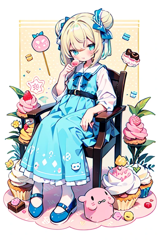 1 girl in, ((Character information)、(Chara Leaf)、pastel dimmed colors, (Yellow color palette.:1.2, blue:1.2, pink:1.2), (blue hair bun and blonde), Short fashionable skirt, Sitting on a throne of sweets and pastries, For example, doughnut, splash, Candies, Lollipop, Candies cane, pie, cupcake, Cake Pop, Ruffles and lace, dotted,(Lush pastel dresses)