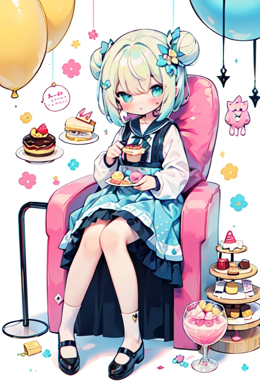1 girl in, ((Character information)、(Chara Leaf)、pastel dimmed colors, (Yellow color palette.:1.2, blue:1.2, pink:1.2), (blue hair bun and blonde), Short fashionable skirt, Sitting on a throne of sweets and pastries, For example, doughnut, splash, Candies, Lollipop, Candies cane, pie, cupcake, Cake Pop, Ruffles and lace, dotted,(Lush pastel dresses)