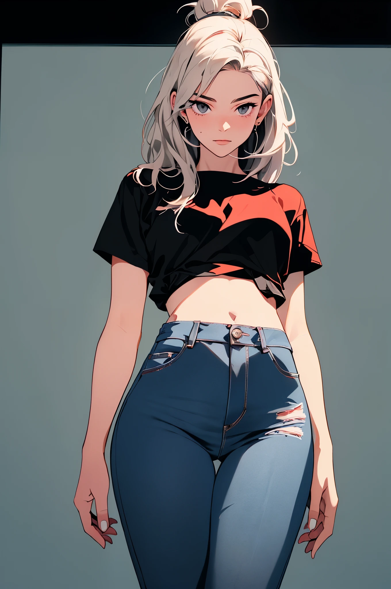 (Hinata Hyuga, muito sensual, com roupas apertadas, bunda grande, pernas grossas, Wearing extremely tight jeans, usando uma mini blusa, umbigo com pirsing, cabelo grande, Speaker behind, muito realista, extremamente sexy, 8k, 8k extremamente detalhado), (um extremamente delicado e bonito), (obra-prima), (melhor qualidade: 1.0), (ultra highres:1.0)