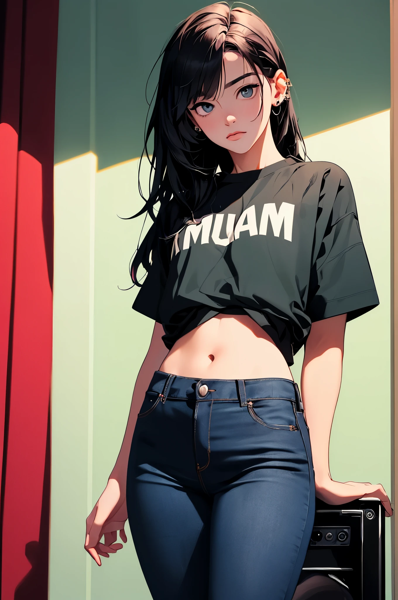 (Hinata Hyuga, muito sensual, com roupas apertadas, bunda grande, pernas grossas, Wearing extremely tight jeans, usando uma mini blusa, umbigo com pirsing, cabelo grande, Speaker behind, muito realista, extremamente sexy, 8k, 8k extremamente detalhado), (um extremamente delicado e bonito), (obra-prima), (melhor qualidade: 1.0), (ultra highres:1.0)