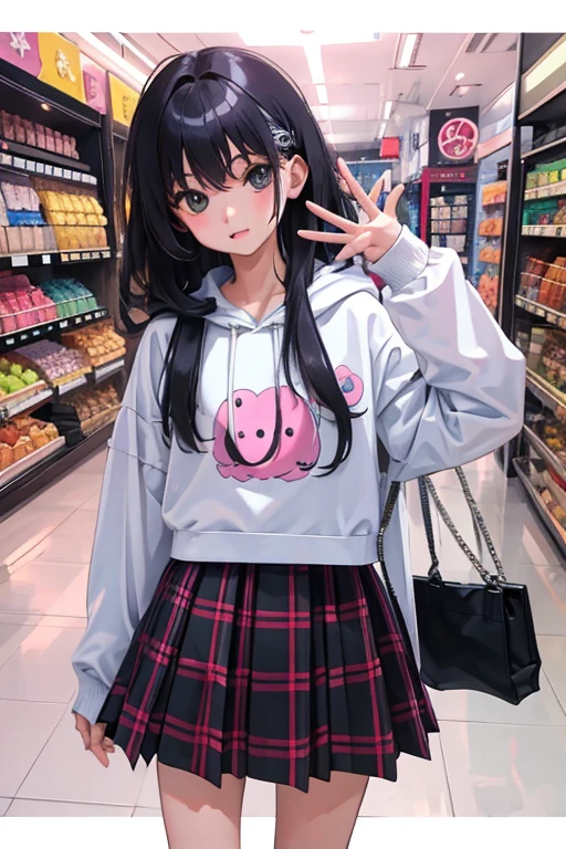 (),(masterpiece,top quality),Pastel hoodie,(Checkered plaid skirt),Dark-haired,Two-tailed,Toy World