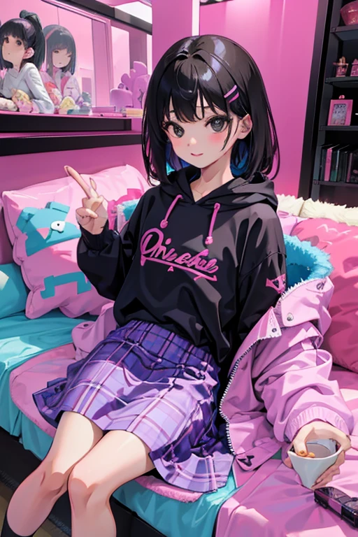 ()，（masterpiece，top quality），Pastel hoodie，(Checkered plaid skirt)，Dark-haired，Two-tailed，Toy World