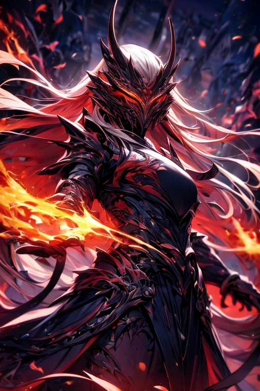 Perfect masterpiece, (Masterpiece:1.2), Best quality, high resolution, Beautiful detailed, Extremely detailed, Perfect lighting, high quality, high resolution, highest image quality, 8k hd. 
1 male. 
blood red and blue hair, Faceless, yellow eyes, glowing eyes, demon horns, long horns. 
Elegant. 
dark blue uniform, battle armor, Energy lines, masks.
Sunrise, flames on the background. 
Dramatic lighting.
Highly detailed background.
