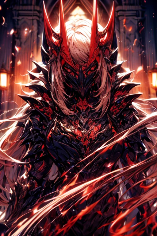 Perfect masterpiece, (Masterpiece:1.2), Best quality, high resolution, Beautiful detailed, Extremely detailed, Perfect lighting, high quality, high resolution, highest image quality, 8k hd.
1 male.
blood red and blue hair, Faceless, yellow eyes, glowing eyes, demon horns, long horns.
Elegant.
dark blue uniform, battle armor, Energy lines, masks.
Sunrise, flames on the background.
Dramatic lighting.
Highly detailed background.