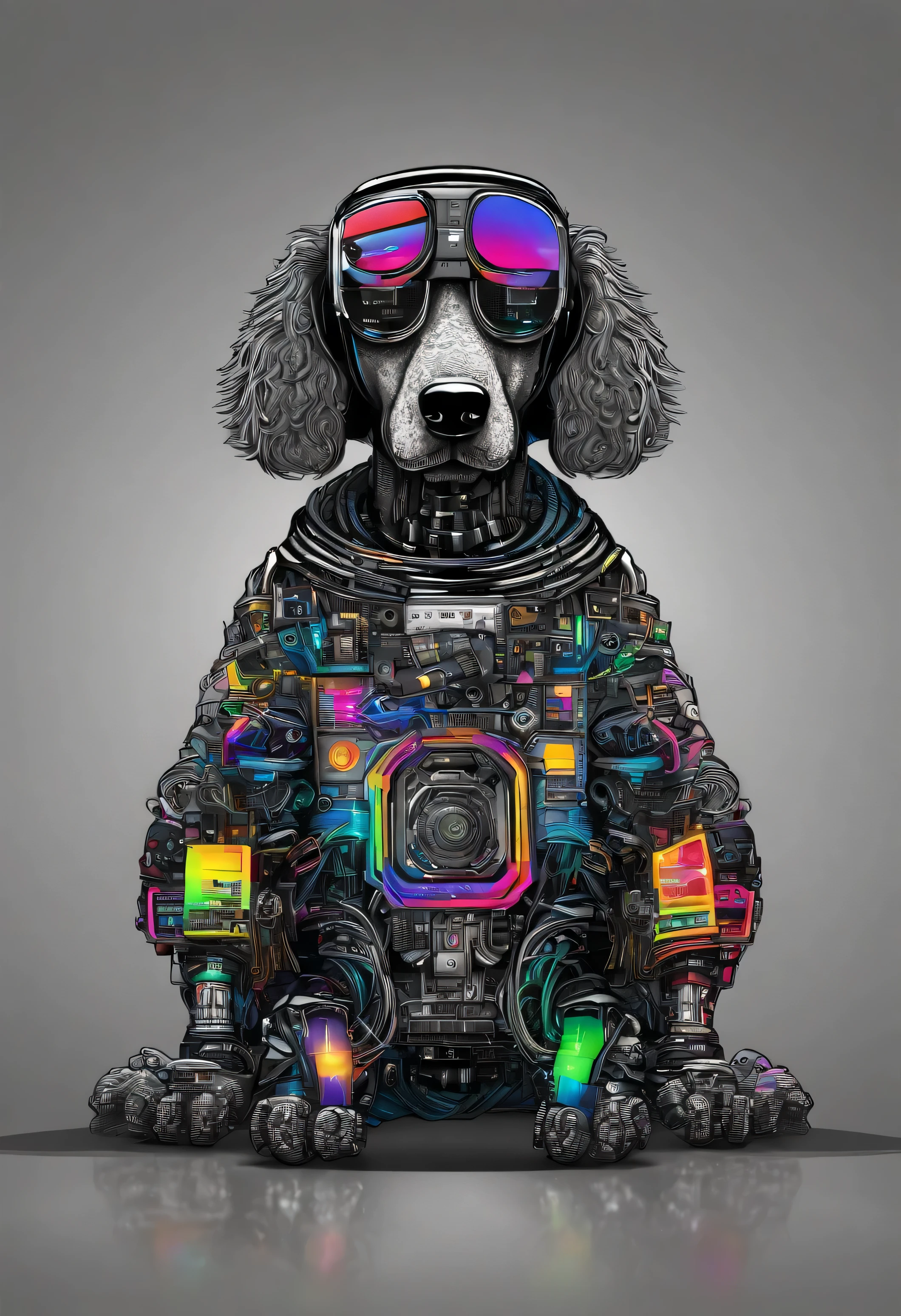 cool and trendy poodle, rainbow colored hair, yellow eyes, wear trendy hip hop clothes, wearing a hoodie, Graphic T-shirt and ripped jeans, Many tattoos and piercings, doodle style background, highly detailed background, perfect masterpiece, high quality, High resolution