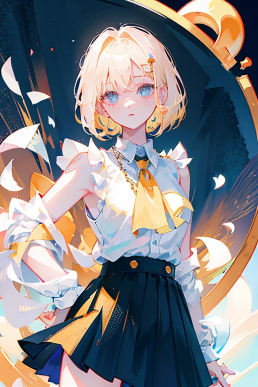 top quality, ultra high resolution, (photorealistic: 1.4), a one woman, white sleeveless button down shirt, black skirt, black necklace, Cute, (K-pop idol), (Charming: 1), (Platinum Blonde Hair: 1), (Swollen eyes)), Looking at the viewer, Whole body, facing forward