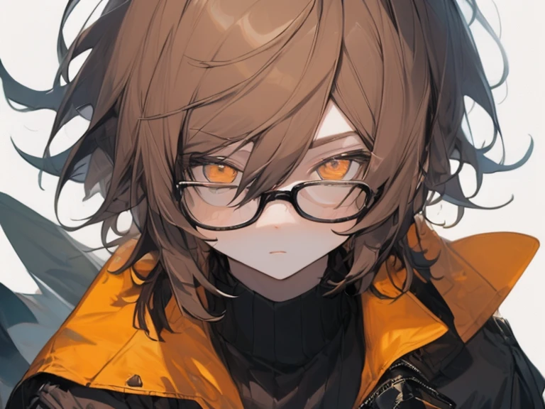 (masterpiece, Best quality),1 boy, One, Brown hair,  Glasses, , Looking at the viewer, above the handle, portrait, Orange eyes, White background, hair between eyes, jacket, Upper body, black sweater top