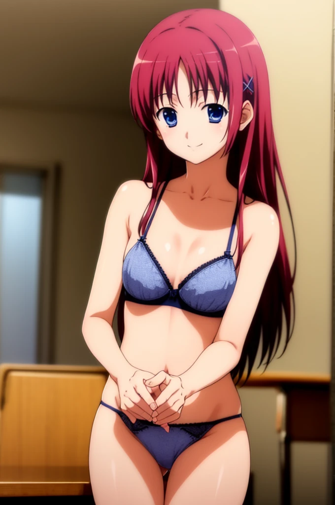 Kotori Shirakawa、Kotori Shirakawa、long hair、blue eyes、red hair、(small breasts:1.2)、 pink underwear、bra、panties、 BREAK SEE VIEWER、 indoor、classroom、 BREAK(masterpiece:1.2)、highest quality、High resolution、unified 8k wallpaper、(An illustration:0.8)、(beautiful detailed eyes:1.6)、highly detailed face、perfect lighting、Highly detailed CG、(perfect hands、perfect anatomy)、smile