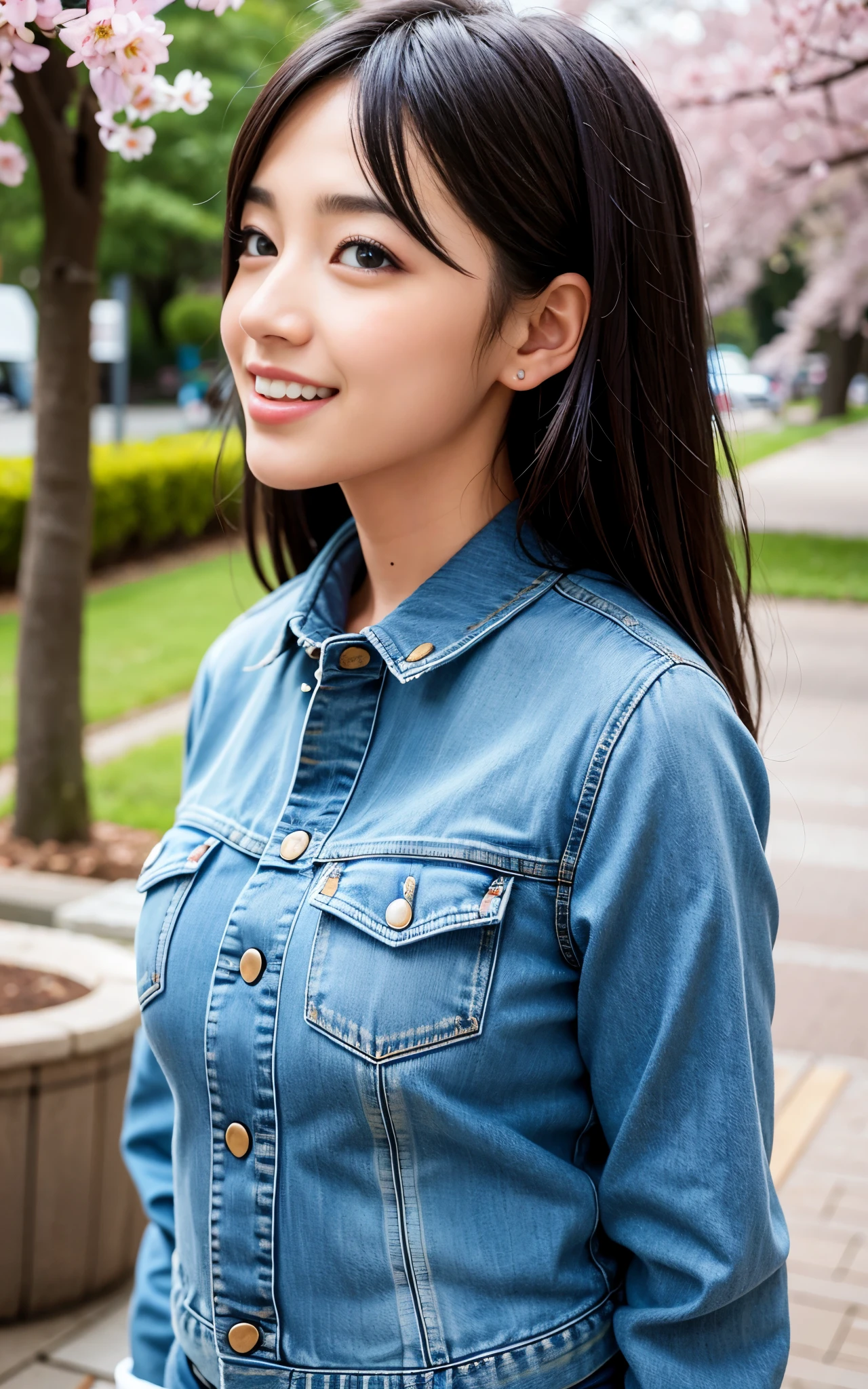 highest quality, figure, super detailed, finely, High resolution, 8k wallpaper, 完璧なダイナミックな構figure, beautiful skin, (Big eyes that shine like jewels), 20 year old beautiful girl, natural color lip, (sexy pose), Chest middle, smile, Highly detailed face and skin texture, Detailed eyes, Double eyelid,leaking teeth and laughing, close-up, profile, medium black hair, (Denim jacket), (shirt:1.2), cherry blossoms
