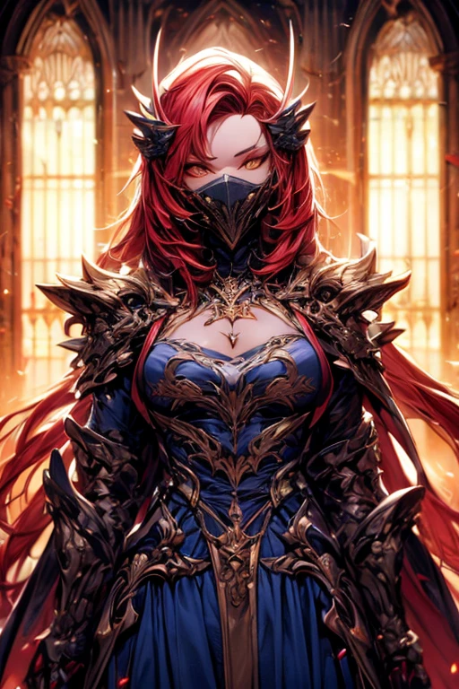 Perfect masterpiece, (Masterpiece:1.2), Best quality, high resolution, Beautiful detailed, Extremely detailed, Perfect lighting, high quality, high resolution, highest image quality, 8k hd. 
1 male guy. 
blood red and blue hair, Faceless, yellow eyes, glowing eyes, demon horns, long horns. 
Elegant. 
dark blue uniform, battle armor, Energy lines, masks.
Sunrise, flames on the background. 
Dramatic lighting.
Highly detailed background.
