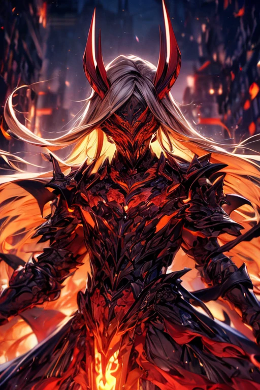 Perfect masterpiece, (Masterpiece:1.2), Best quality, high resolution, Beautiful detailed, Extremely detailed, Perfect lighting, high quality, high resolution, highest image quality, 8k hd.
1 male guy.
blood red and blue hair, Faceless, yellow eyes, glowing eyes, demon horns, long horns.
Elegant.
dark blue uniform, battle armor, Energy lines, masks.
Sunrise, flames on the background.
Dramatic lighting.
Highly detailed background.
