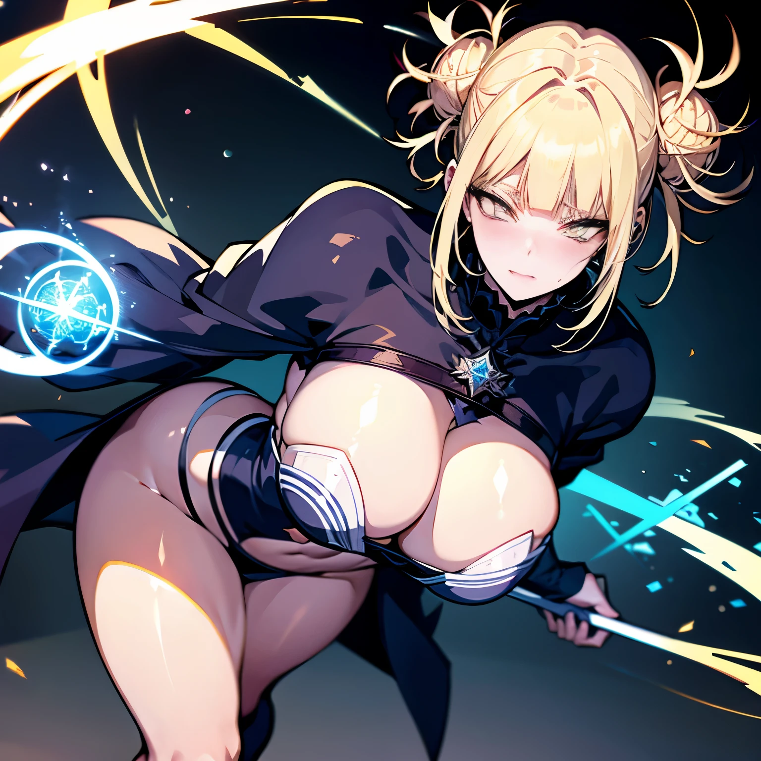 great quality, (1 women), very focused face, himiko toga, diamond face, perfect eyes, (standing), (wearing mage robe), mage robe, magic, (casting), blonde pony tail, strong shadows, full body, detailed face, (casting spell), blue flashes of light, blue sparks, in battle, detailed abs, shinying eyes, (masterpiece), direct light, underlight, strong jaw, (large boobs), massive ass, thick thighs, (long torso), wide waist, skinny torso, fit, perfect face, sexy, (blushing),