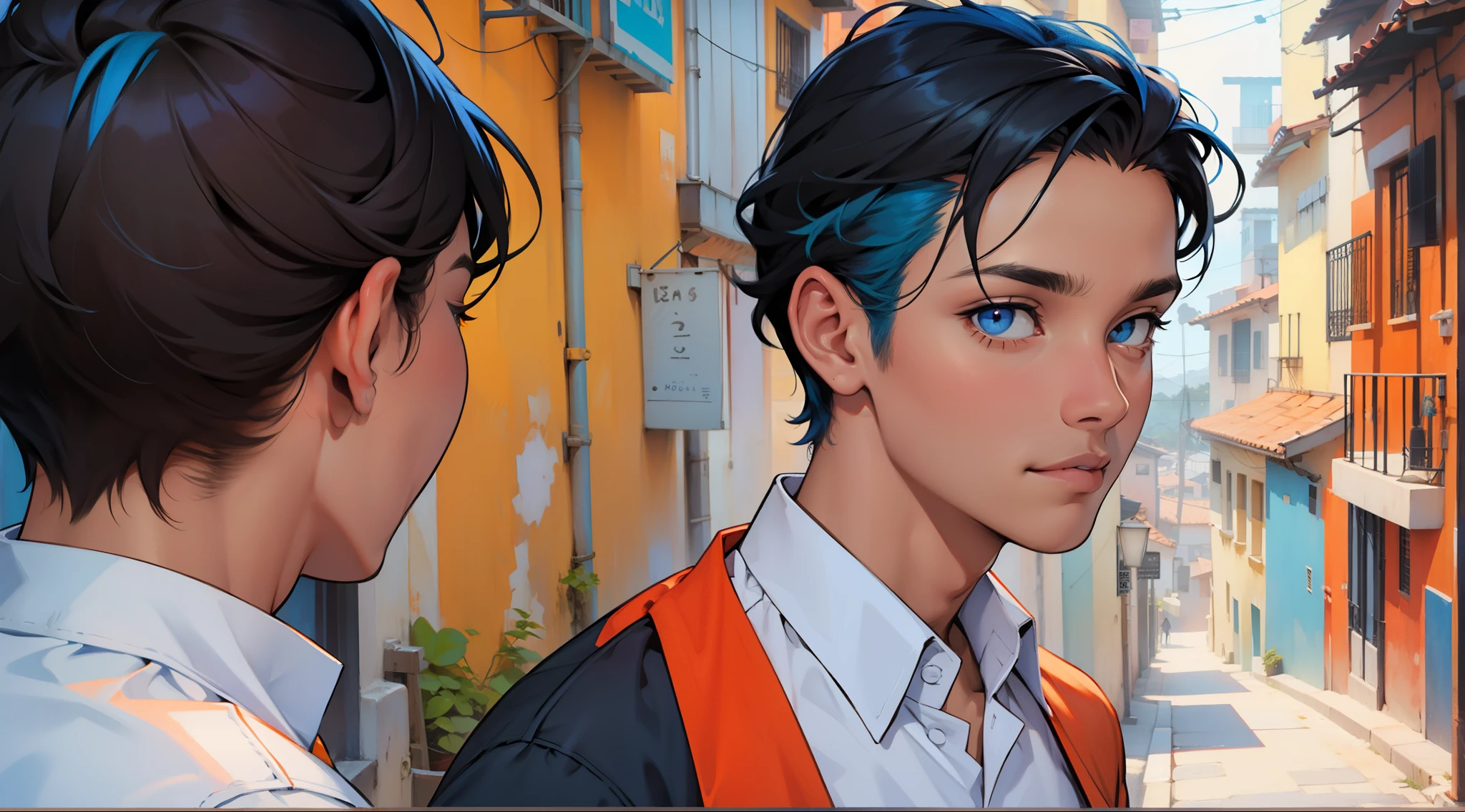 tiene cabello y ojos de color naranja , camisa de color azul cielo