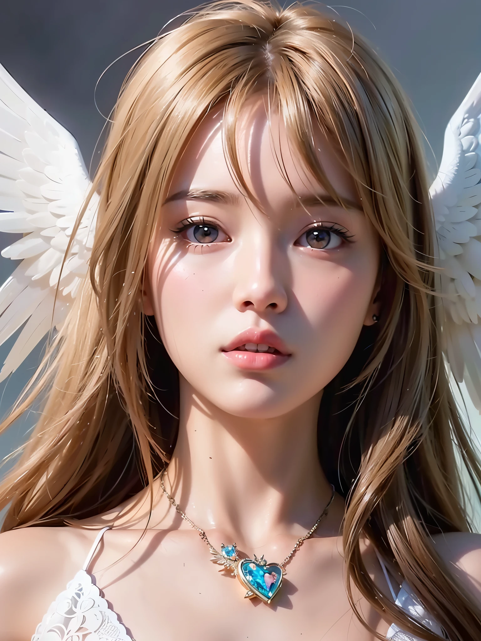 Girl with long hair and angel wings is staring at camera, portrait of a beautiful angel, angelic face, of an beautiful angel girl, of beautiful angel, beautiful angel girl portrait, beautiful angel, types of bacteria on artstation pixiv, stunning anime face portraits, types of bacteria. high detail, finely detailed angelic face, Detailed portrait of anime girl