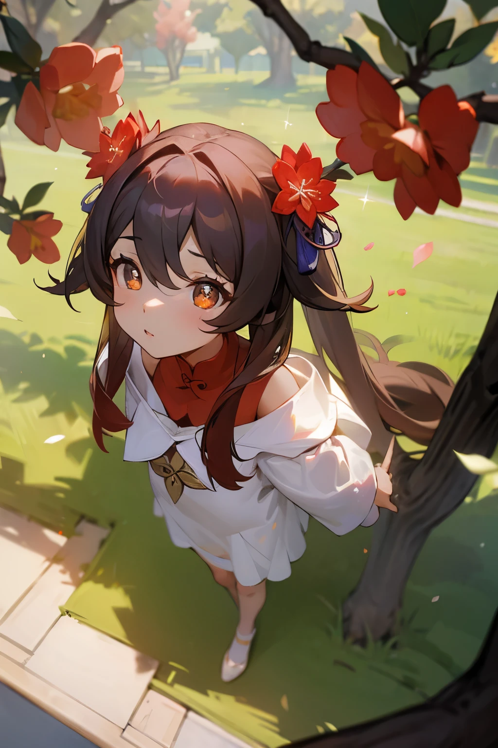 ((HuTaoV4)), ((masterpiece)), (Professional Photography:1.2), camelliamix, from above, flat body, Beautiful flowers bloom, (sparkles), (There is a blooming camellia),standing under a tree, (head looking up), Look at the tree, Natural soft light, macaron, Still ethereal, Crisp and smooth lines, radiant morning light, soft luminescent glow, off shoulder, tight,