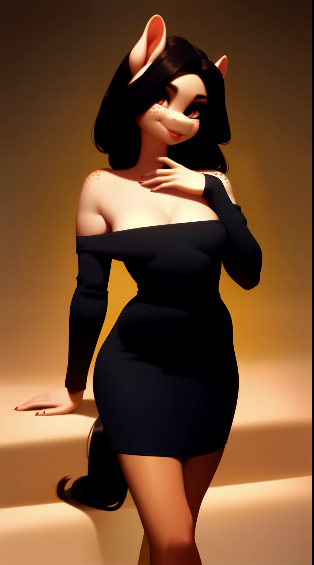 (score_9), (source_ derpibooru_p_95), (earth pony), ((anthro oc pony :1.1)), (shoulderless dress), a beautiful old woman in a hotel room, solo, realistic long black hair, anatomically correct, very flat chest, curvy figure, high res, pink bottom lip, extremely detailed, mature, absolutely stunning, freckles, old, thin legs, 