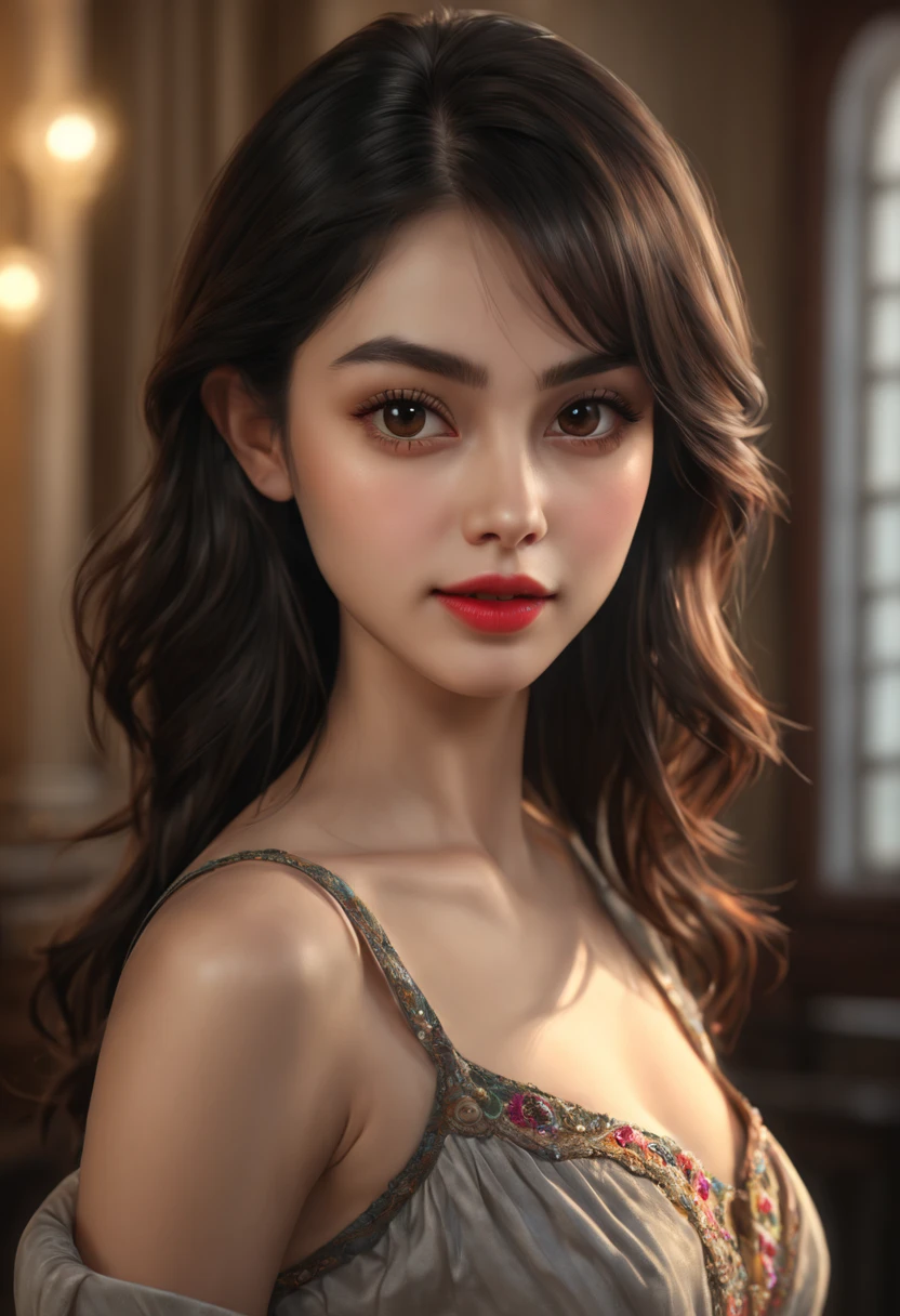 (best quality,4k,8k,highres,masterpiece:1.2),ultra-detailed,(realistic,photorealistic,photo-realistic:1.37), HDR, UHD, studio lighting, ultra-fine painting, sharp focus, physically-based rendering, extreme detail description, professional, vivid colors, bokeh, portraits, chest shot, 30-year-old lady, beautiful detailed eyes, beautiful detailed lips, warm background, black eyes, black hair, smirk