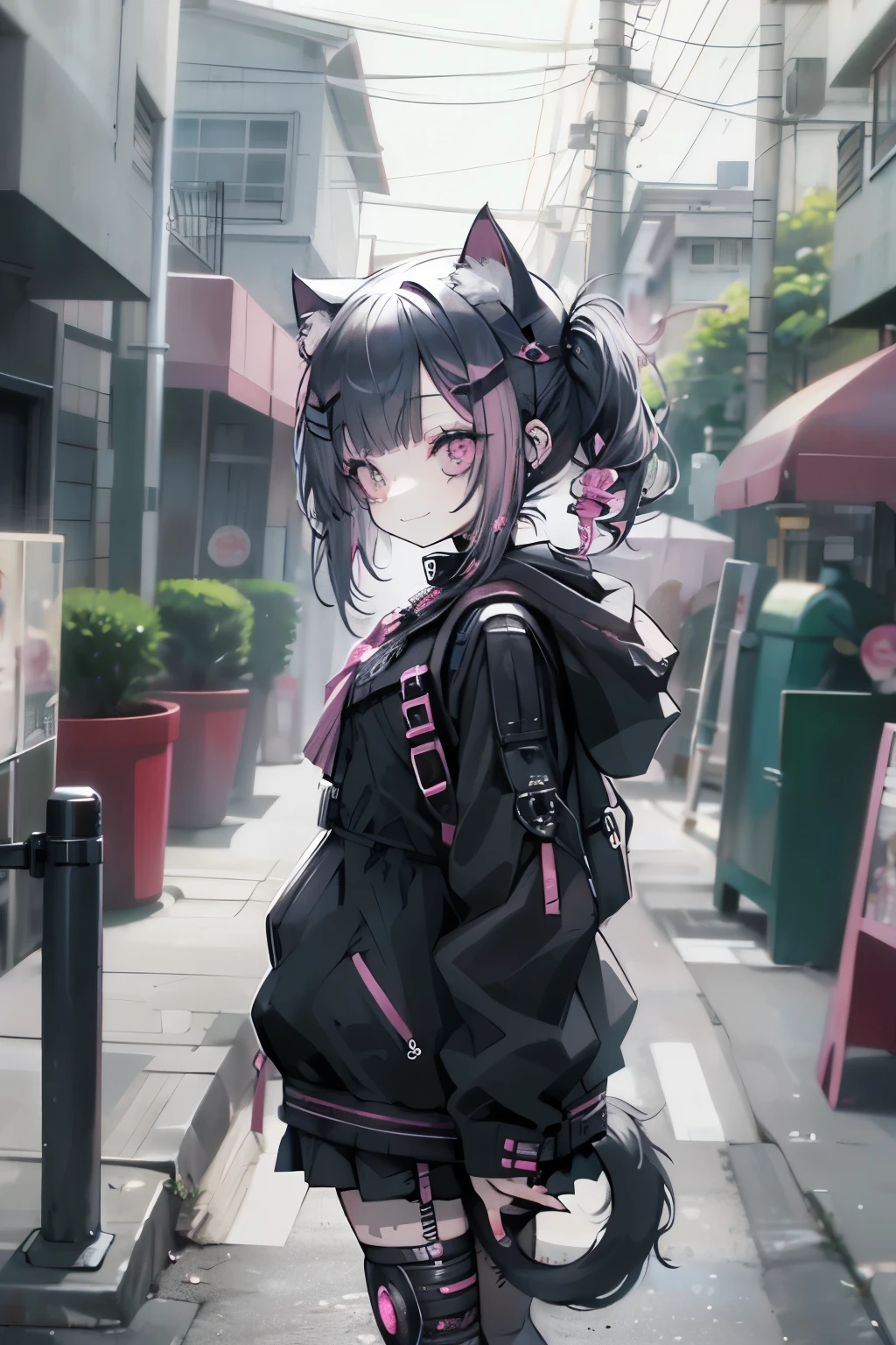 Beautiful woman pink twin tail long hair、cyberpunk style short clothes、Putting on cat ears、gazing at viewer、front facing、A slight smil、sea side、Palm trees