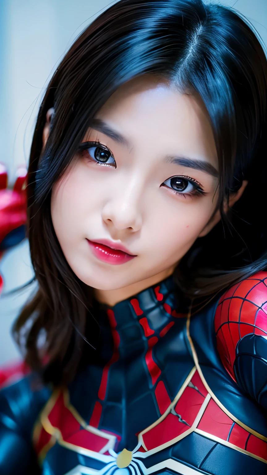 Japanese girl, 20 years old, dark makeup, detailed face, long hair, black hair, beauty eyes, realistic, full body, sexy pose, wearing spiderman costume(marvel characters), 8K, cinematic