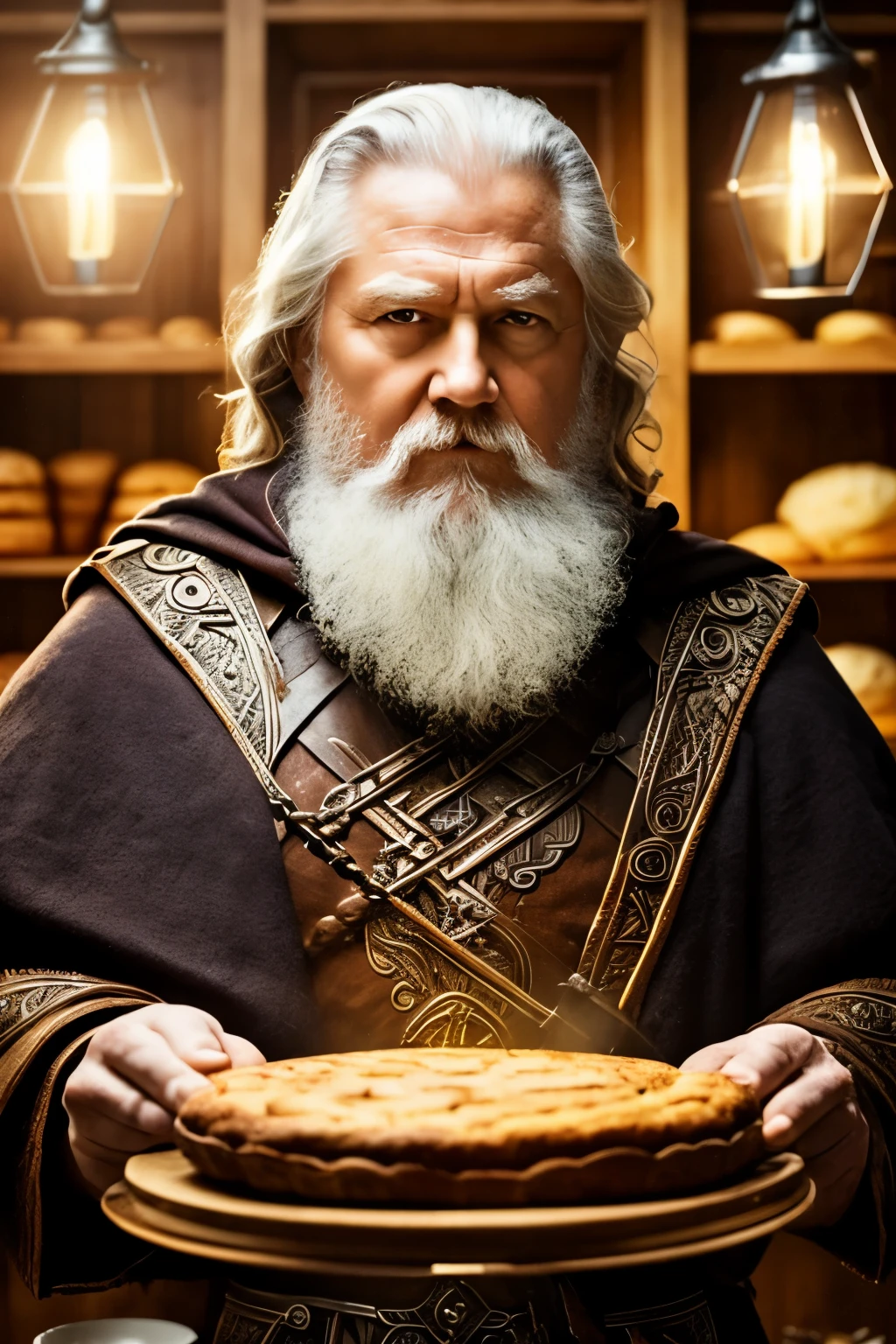A captivating image of Odin, the Norse god of wisdom and poetry, depicted as a wise and pensive baker at his padaria, or bakery. His face is lined with experience, his eyes thoughtful and deep, reflecting the intricacies of his vast knowledge. The scene is lit with warm, inviting light, highlighting the detailed textures of the baked goods and the intricate patterns on Odin's cloak. The high-definition image, rendered in 8K, showcases every crease and curve, making for a stunning and realistic depiction of the god in his lesser-known role. #Odin #PadariaDoOdin #S2 #
