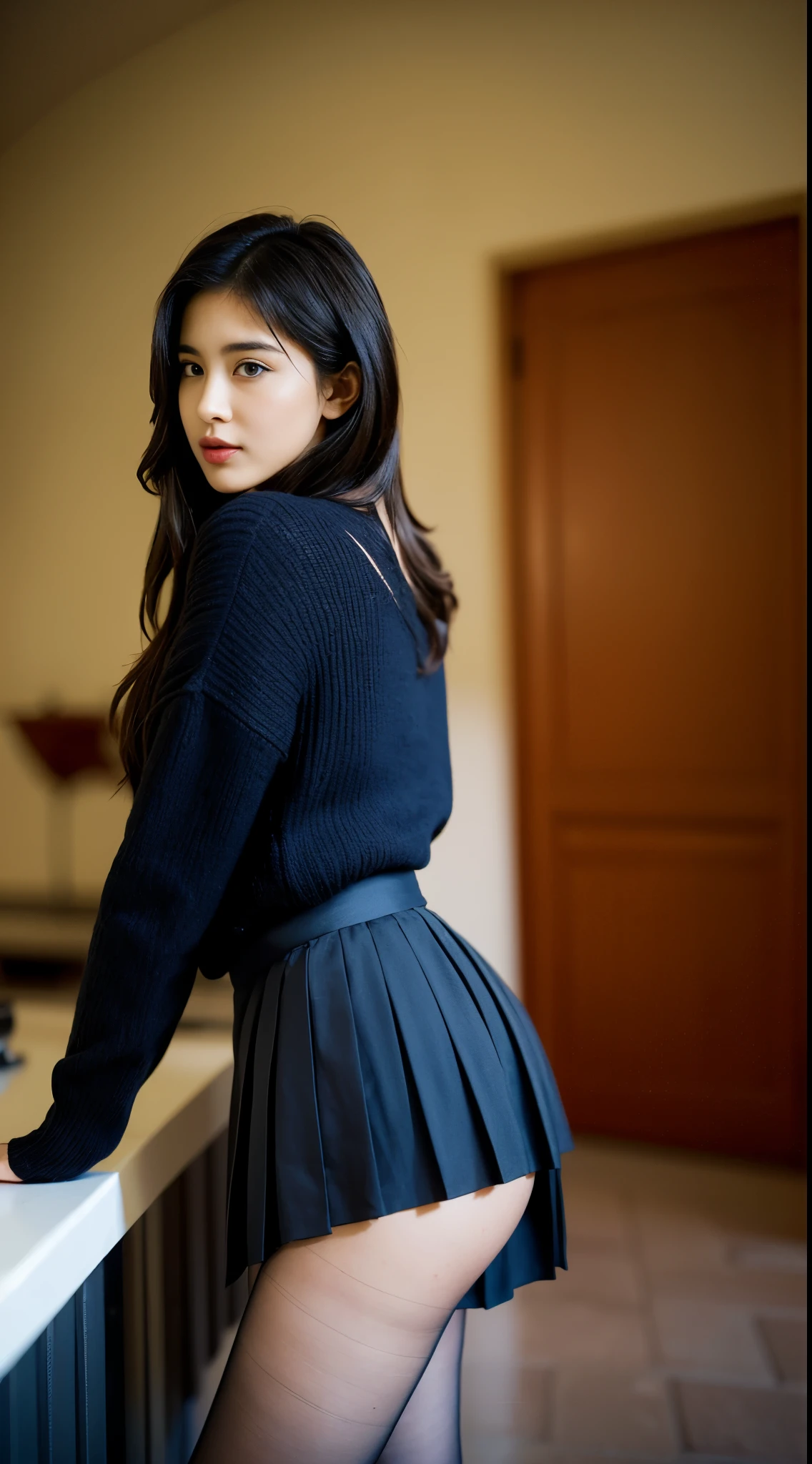 best quality, masterpiece, high resolution,8k,(realistically:1.4),超high resolution,1 girl, Super detailed, Surreal, Very detailed CG illustrations, official art, light, actual, young beautiful girl, Perfect body, Perfect body, Full view, Perfect body, (start from below:1.3), 的posture, Sexy long legs, knitwear,confident, Beautiful and sexy, student school uniform,a blue tie,bow tie, A-line pleated skirt,Polite, S-shaped body, Cocked buttocks,placed in a,posture,Different perspectives