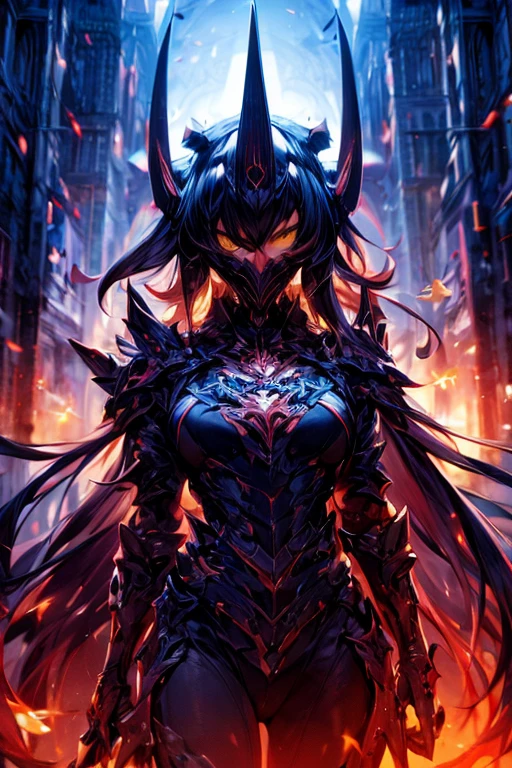 Perfect masterpiece, (Masterpiece:1.2), Best quality, high resolution, Beautiful detailed, Extremely detailed, Perfect lighting, high quality, high resolution, highest image quality, 8k hd.
1 male guy.
dark black hair, Faceless, yellow eyes, glowing eyes, demon horns, long horns.
Elegant.
a hole in the chest, dark blue uniform, battle armor, Energy lines, masks.
Sunrise, flames on the background.
Dramatic lighting.
Highly detailed background.