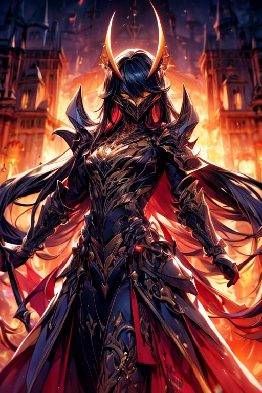 Perfect masterpiece, (Masterpiece:1.2), Best quality, high resolution, Beautiful detailed, Extremely detailed, Perfect lighting, high quality, high resolution, highest image quality, 8k hd. 
1 male guy. 
dark black hair, Faceless, yellow eyes, glowing eyes, demon horns, long horns. 
Elegant. 
a hole in the chest, dark blue uniform, battle armor, Energy lines, masks.
Sunrise, flames on the background. 
Dramatic lighting.
Highly detailed background.
