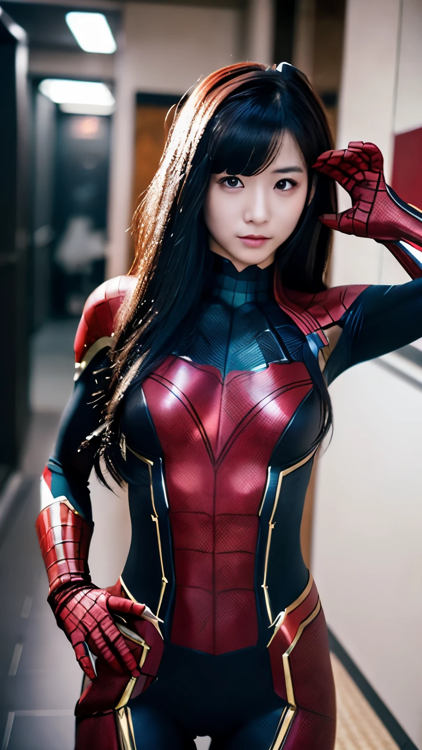Japanese girl, 20 years old, dark makeup, detailed face, long hair, black hair, beauty eyes, realistic, full body, sexy pose, wearing spiderman costume(marvel characters), 8K, cinematic
