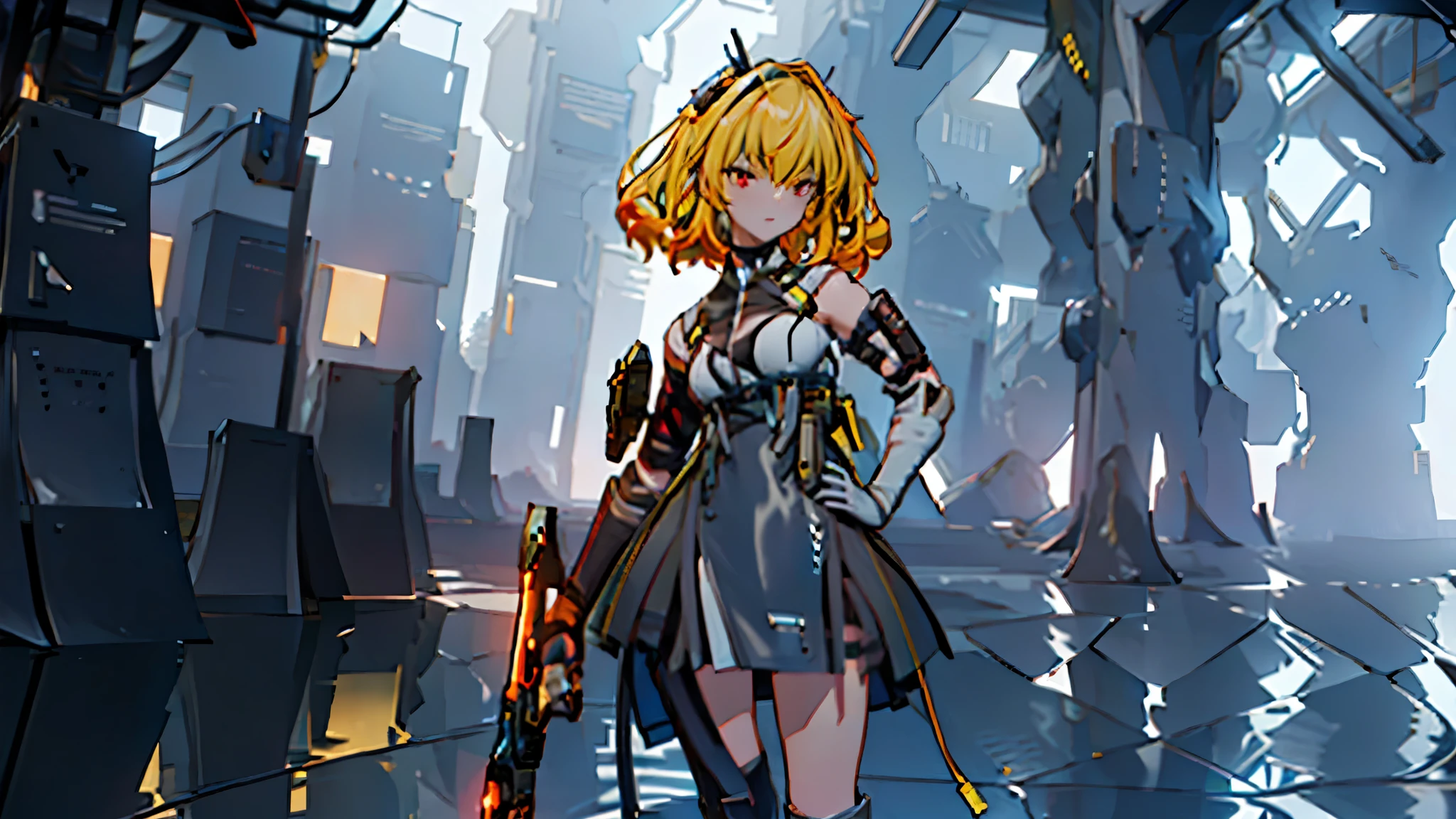 The alone young girl , short yellow hair , red eyes , white chest binder , combat suit, black skirt , high knee sock , black crown , lie down , sexy pose , shotgun , sci-fi city , Spark effect , Lightning Efect , Thunderbolt , High detail mature face, high res, ultra sharp, She stands confidently in the center of the poster，Fighting a enemy like mechanic cyborg，a determined expression on her face。The background is dark and gritty，There is a sense of danger and a strong feeling。The text is bold and eye-catching，With catchy slogans，Adds to the overall drama and excitement。The color palette is dominated by dark colors，Dotted with bright colors，Make the poster dynamic and visually striking，(Magazines:1.3), (Cover-style:1.3), Fashion, vibrant, Outfit, posing on a, Front, rich colorful，Background with，element in，self-assured，Expressing the，halter，statement，Attachment，A majestic，coil，Runt，Touching pubic area，Scenes，text，Cover of a，boldness，attention-grabbing，titles，Fashion，typeface，，Best quality at best，Hyper-detailing，8K ，hyper HD